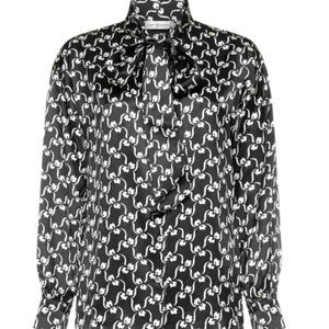 Tory Burch Black & White Silk Stencil Print Neck Tie Bow Blouse Shirt Size 0 NWT